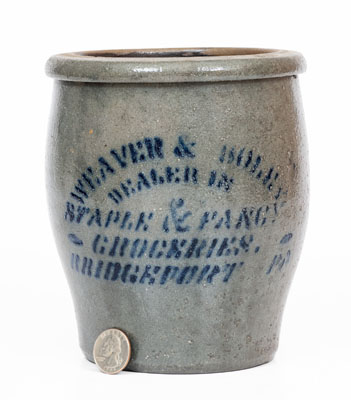 Small-Sized BRIDGEPORT, PA Stoneware Advertising Jar
