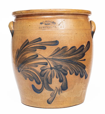 4 Gal. M. & T. MILLER / NEWPORT, PA Stoneware Jar w/ Elaborate Floral Decoration