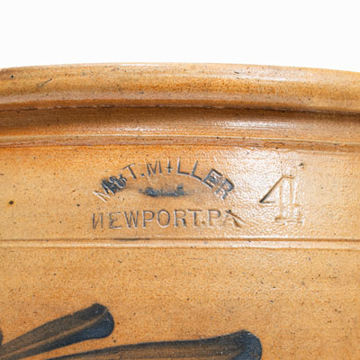 4 Gal. M. & T. MILLER / NEWPORT, PA Stoneware Jar w/ Elaborate Floral Decoration