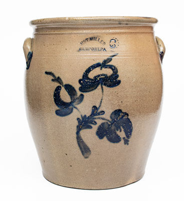 Rare 6 Gal. M. & T. MILLER / NEWPORT, PA Stoneware Jar w/ Floral Decoration