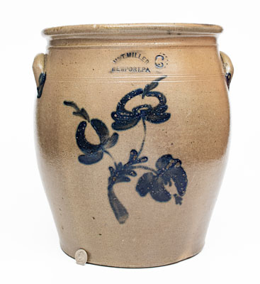 Rare 6 Gal. M. & T. MILLER / NEWPORT, PA Stoneware Jar w/ Floral Decoration