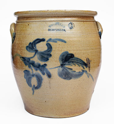 Rare 6 Gal. M. & T. MILLER / NEWPORT, PA Stoneware Jar with Floral Decoration