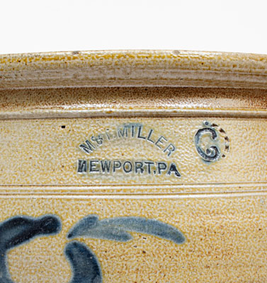Rare 6 Gal. M. & T. MILLER / NEWPORT, PA Stoneware Jar with Floral Decoration