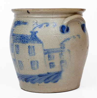 Exceedingly Rare COWDEN & WILCOX / HARRISBURG, PA Stoneware Jar w/ Elaborate House Decoration