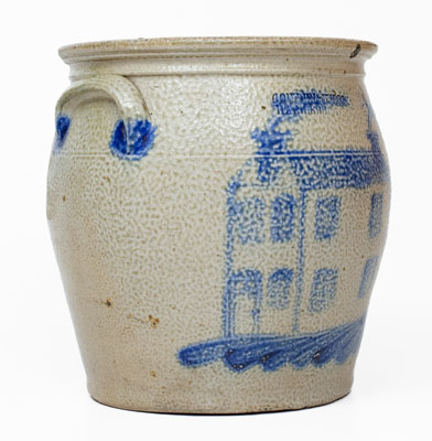 Exceedingly Rare COWDEN & WILCOX / HARRISBURG, PA Stoneware Jar w/ Elaborate House Decoration