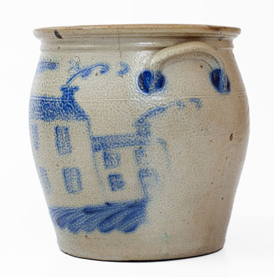 Exceedingly Rare COWDEN & WILCOX / HARRISBURG, PA Stoneware Jar w/ Elaborate House Decoration