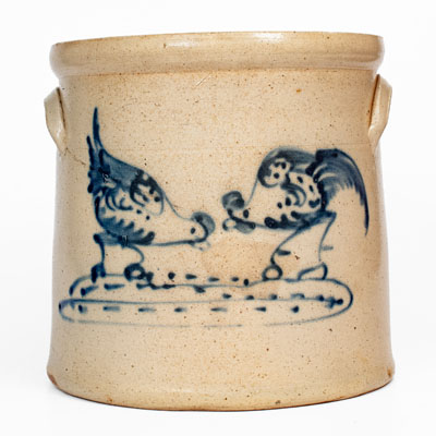 Scarce 4 Gal. Stoneware Crock w/ Pecking Chicken and Rooster, attrib. Brady & Ryan, Ellenville, NY