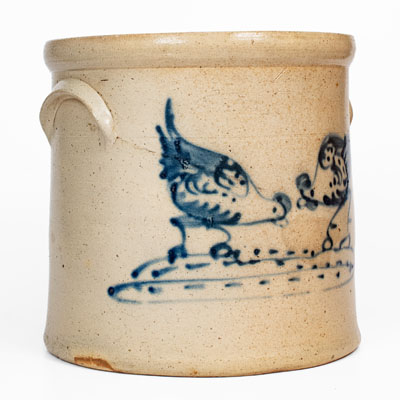 Scarce 4 Gal. Stoneware Crock w/ Pecking Chicken and Rooster, attrib. Brady & Ryan, Ellenville, NY