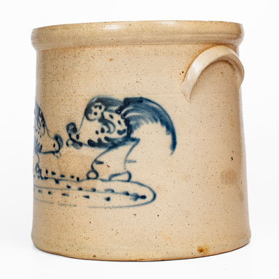 Scarce 4 Gal. Stoneware Crock w/ Pecking Chicken and Rooster, attrib. Brady & Ryan, Ellenville, NY
