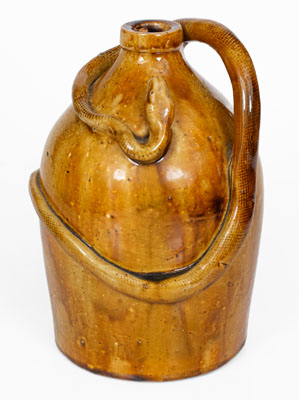 Rare Large-Sized Indiana Stoneware Snake Jug w/ Applied Skull and Crossbones and Turtle
