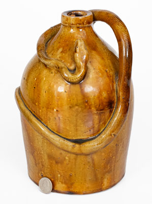 Rare Large-Sized Indiana Stoneware Snake Jug w/ Applied Skull and Crossbones and Turtle