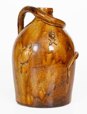 Rare Large-Sized Indiana Stoneware Snake Jug w/ Applied Skull and Crossbones and Turtle