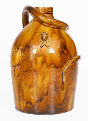 Rare Large-Sized Indiana Stoneware Snake Jug w/ Applied Skull and Crossbones and Turtle