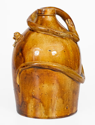 Rare Large-Sized Indiana Stoneware Snake Jug w/ Applied Skull and Crossbones and Turtle