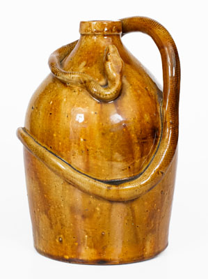Rare Large-Sized Indiana Stoneware Snake Jug w/ Applied Skull and Crossbones and Turtle