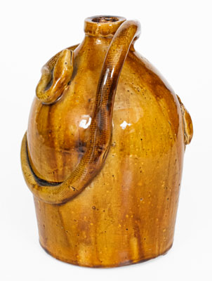 Rare Large-Sized Indiana Stoneware Snake Jug w/ Applied Skull and Crossbones and Turtle