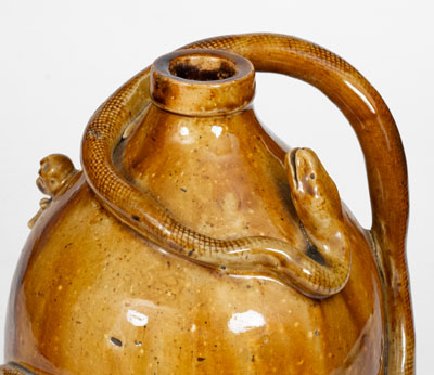 Rare Large-Sized Indiana Stoneware Snake Jug w/ Applied Skull and Crossbones and Turtle