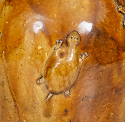 Rare Large-Sized Indiana Stoneware Snake Jug w/ Applied Skull and Crossbones and Turtle