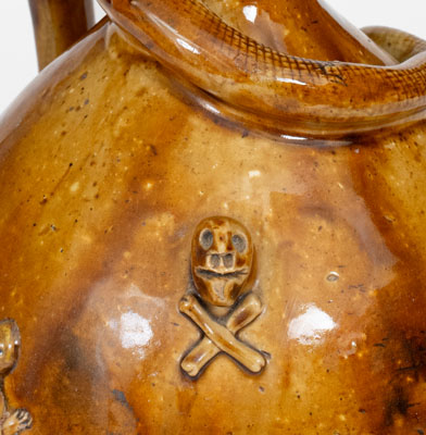 Rare Large-Sized Indiana Stoneware Snake Jug w/ Applied Skull and Crossbones and Turtle
