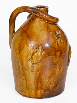Rare Large-Sized Indiana Stoneware Snake Jug w/ Applied Skull and Crossbones and Turtle