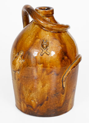 Rare Large-Sized Indiana Stoneware Snake Jug w/ Applied Skull and Crossbones and Turtle