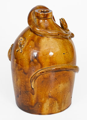 Rare Large-Sized Indiana Stoneware Snake Jug w/ Applied Skull and Crossbones and Turtle