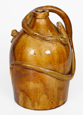 Rare Large-Sized Indiana Stoneware Snake Jug w/ Applied Skull and Crossbones and Turtle