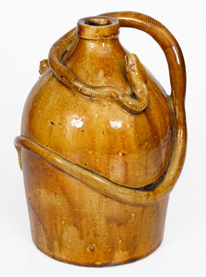 Rare Large-Sized Indiana Stoneware Snake Jug w/ Applied Skull and Crossbones and Turtle