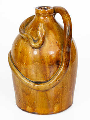 Rare Large-Sized Indiana Stoneware Snake Jug w/ Applied Skull and Crossbones and Turtle