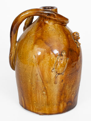 Rare Large-Sized Indiana Stoneware Snake Jug w/ Applied Skull and Crossbones and Turtle