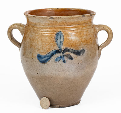 Fine Vertical Handled 1/2 Gal. Stoneware Jar w/ Incised Decoration, Manhattan, c1790