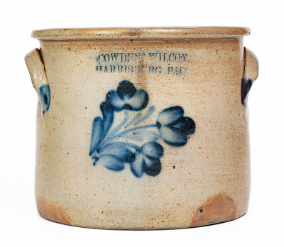 COWDEN & WILCOX / HARRISBURG, PA Stoneware Crock w/ Cobalt Floral Decoration