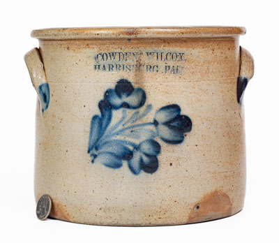 COWDEN & WILCOX / HARRISBURG, PA Stoneware Crock w/ Cobalt Floral Decoration