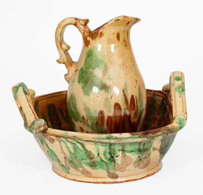 Multi-Glazed Shenandoah Valley Redware Pitcher and Washbowl Set, Strasburg, VA, c1890