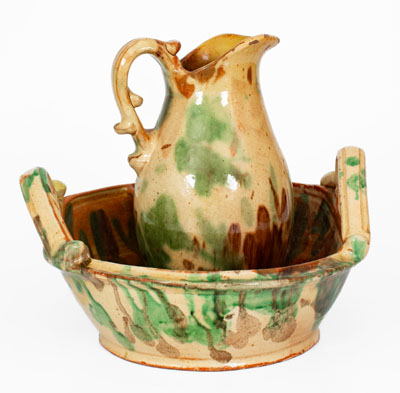 Multi-Glazed Shenandoah Valley Redware Pitcher and Washbowl Set, Strasburg, VA, c1890