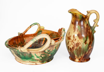 Multi-Glazed Shenandoah Valley Redware Pitcher and Washbowl Set, Strasburg, VA, c1890