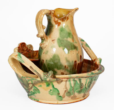 Multi-Glazed Shenandoah Valley Redware Pitcher and Washbowl Set, Strasburg, VA, c1890