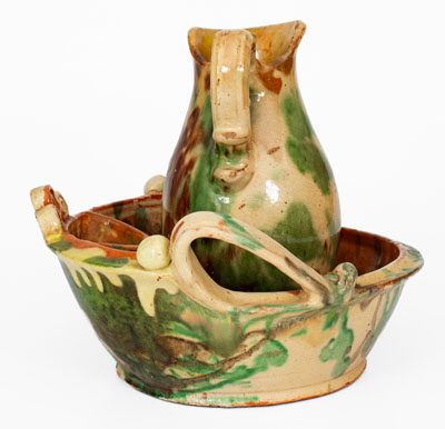 Multi-Glazed Shenandoah Valley Redware Pitcher and Washbowl Set, Strasburg, VA, c1890