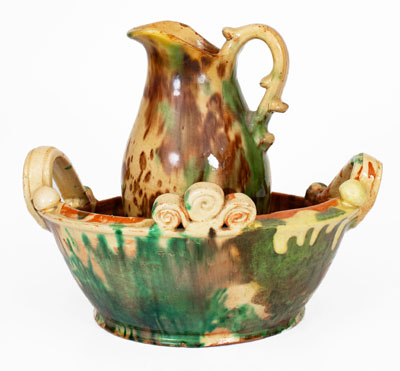 Multi-Glazed Shenandoah Valley Redware Pitcher and Washbowl Set, Strasburg, VA, c1890
