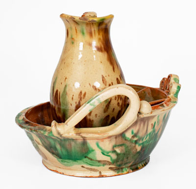 Multi-Glazed Shenandoah Valley Redware Pitcher and Washbowl Set, Strasburg, VA, c1890