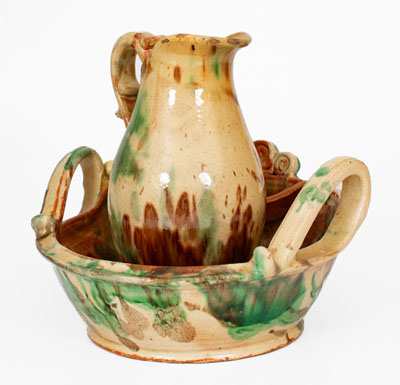 Multi-Glazed Shenandoah Valley Redware Pitcher and Washbowl Set, Strasburg, VA, c1890