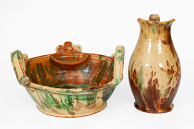 Multi-Glazed Shenandoah Valley Redware Pitcher and Washbowl Set, Strasburg, VA, c1890
