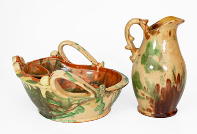 Multi-Glazed Shenandoah Valley Redware Pitcher and Washbowl Set, Strasburg, VA, c1890
