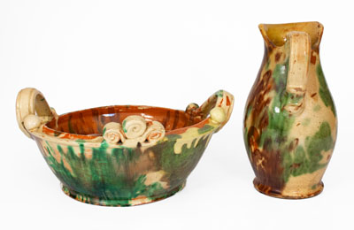 Multi-Glazed Shenandoah Valley Redware Pitcher and Washbowl Set, Strasburg, VA, c1890
