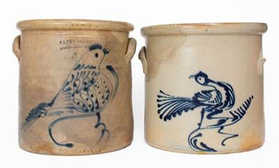 Lot of Two: 4 Gal. Stoneware Crocks w/ Bird Decoration, Northeastern U.S. origin