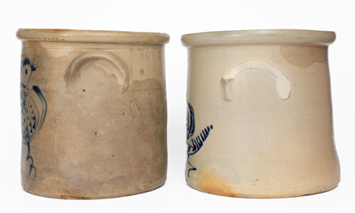 Lot of Two: 4 Gal. Stoneware Crocks w/ Bird Decoration, Northeastern U.S. origin