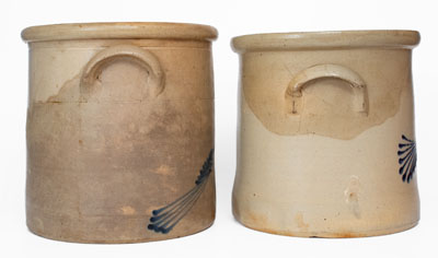 Lot of Two: 4 Gal. Stoneware Crocks w/ Bird Decoration, Northeastern U.S. origin
