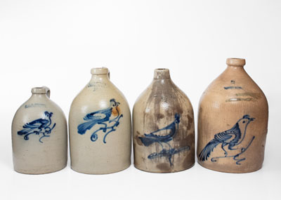 Lot of Four: Northeastern Stoneware Jugs with Bird Decorations