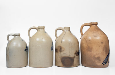 Lot of Four: Northeastern Stoneware Jugs with Bird Decorations