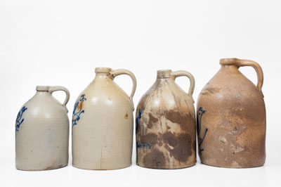 Lot of Four: Northeastern Stoneware Jugs with Bird Decorations